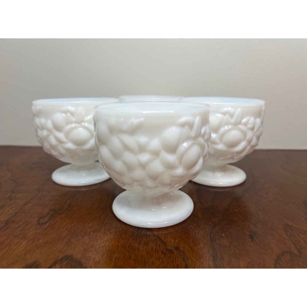 Milk Glass‎ Dessert Cup Set 4 Footed White Scalloped Fruit & Floral Harvest Vtg